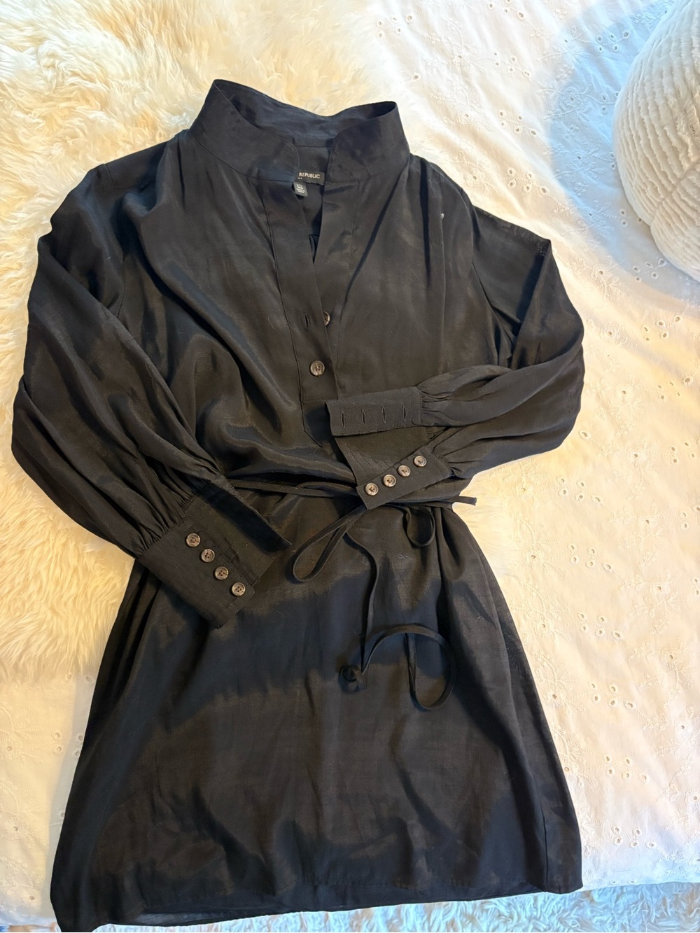 Black Button-Front Long Sleeve Dress with Waist Tie - Banana Rebublic